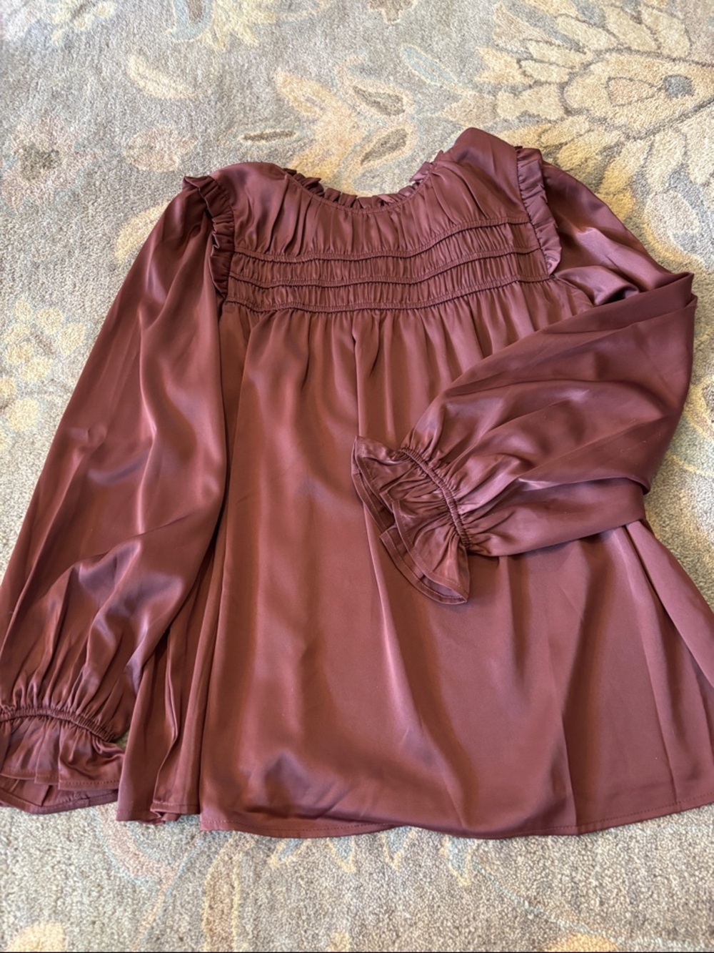 Women's Plum Ruffled Yoke Long-Sleeve Blouse - Elegant Gathered Detail